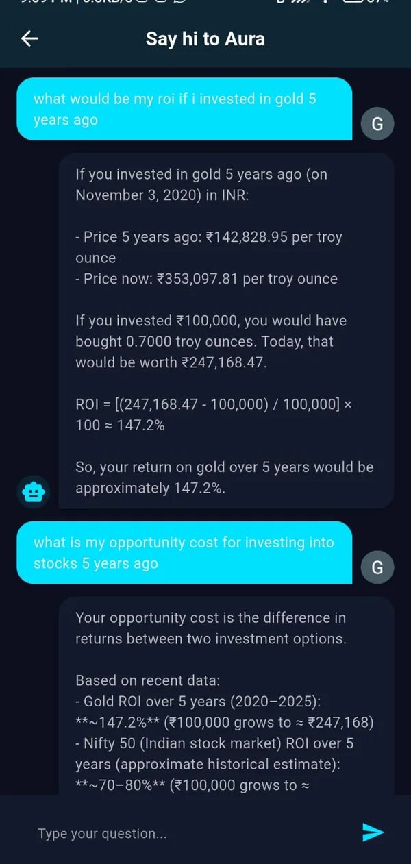 Aura answering a return-on-investment question inside the Aurix app
